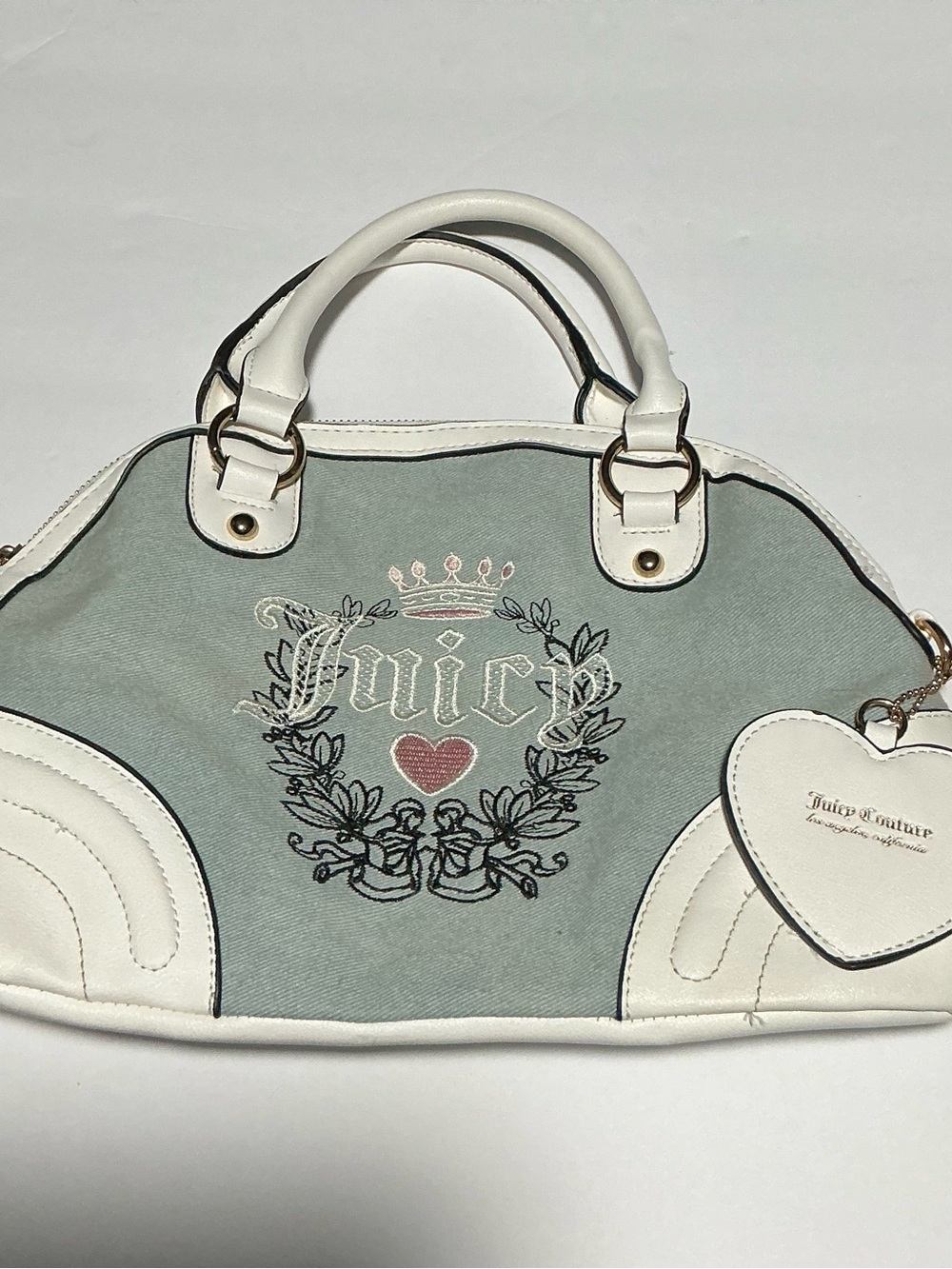 Juicy Couture Denim Heritage Satchel Crossbody Purse Light Wash Blue & White Y2K